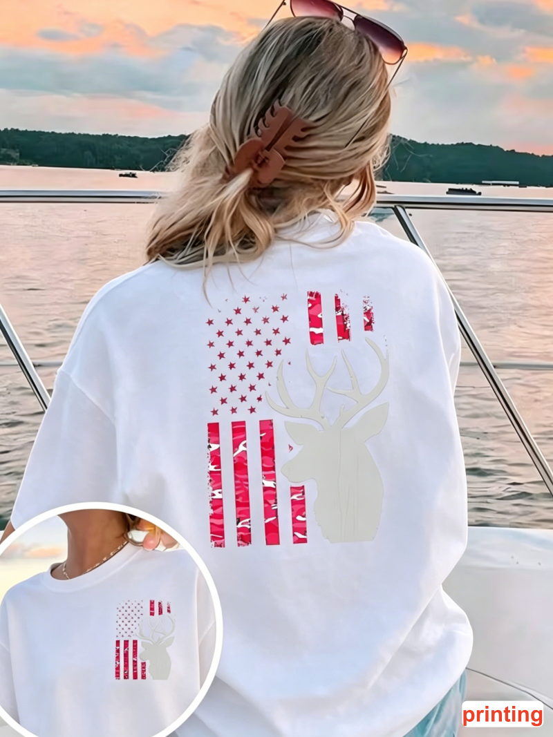 Outdoor Hunting Outfit - American Flag Deer Print T-shirt Crew